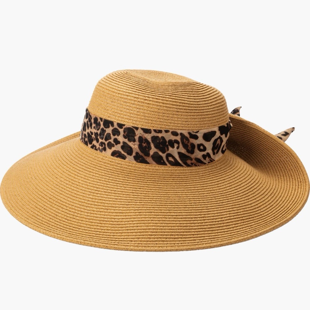 San Diego Hat Company Wide Brim Straw Sun Hat with Leopard Band NWOT